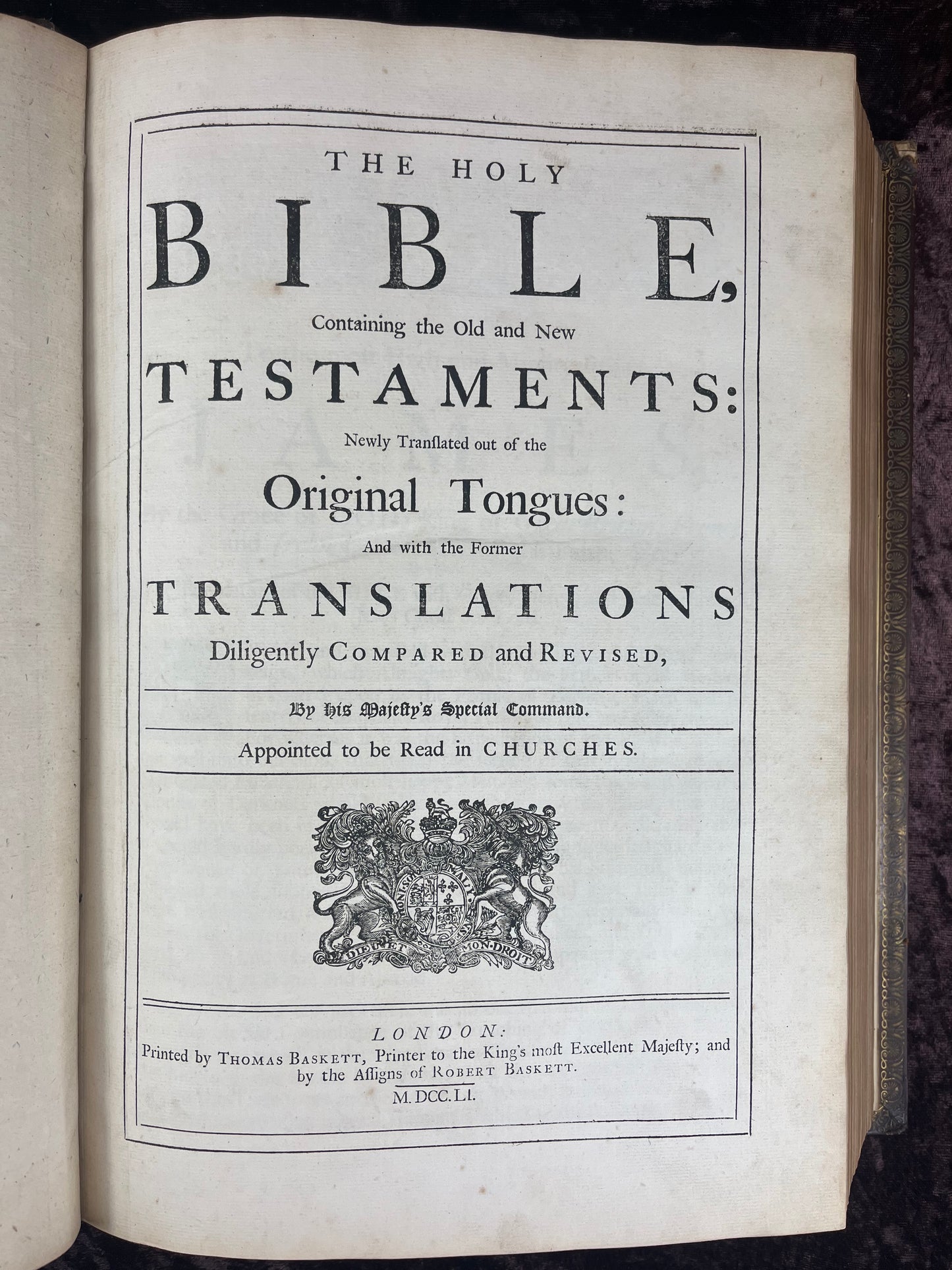 1751 Folio First Edition King James Bible Printed By Thomas Baskett-Bound With 16 Extra Illustrations And Was Once Owned By George Barclay Of Burford Lodge