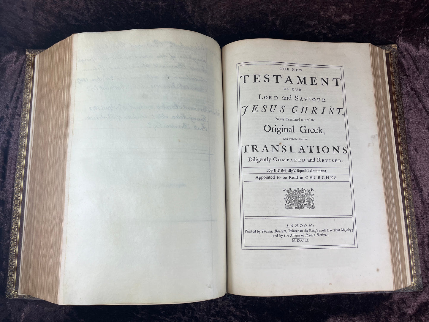 1751 Folio First Edition King James Bible Printed By Thomas Baskett-Bound With 16 Extra Illustrations And Was Once Owned By George Barclay Of Burford Lodge