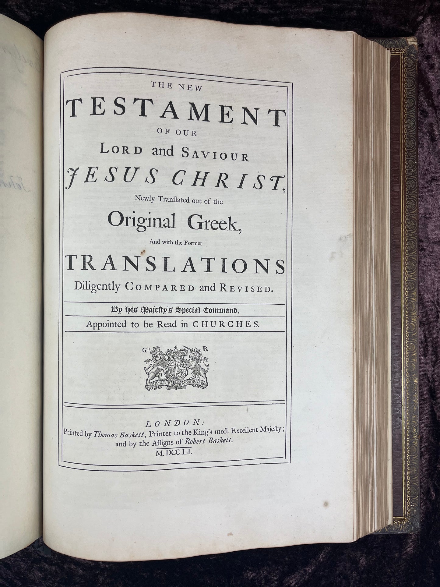 1751 Folio First Edition King James Bible Printed By Thomas Baskett-Bound With 16 Extra Illustrations And Was Once Owned By George Barclay Of Burford Lodge