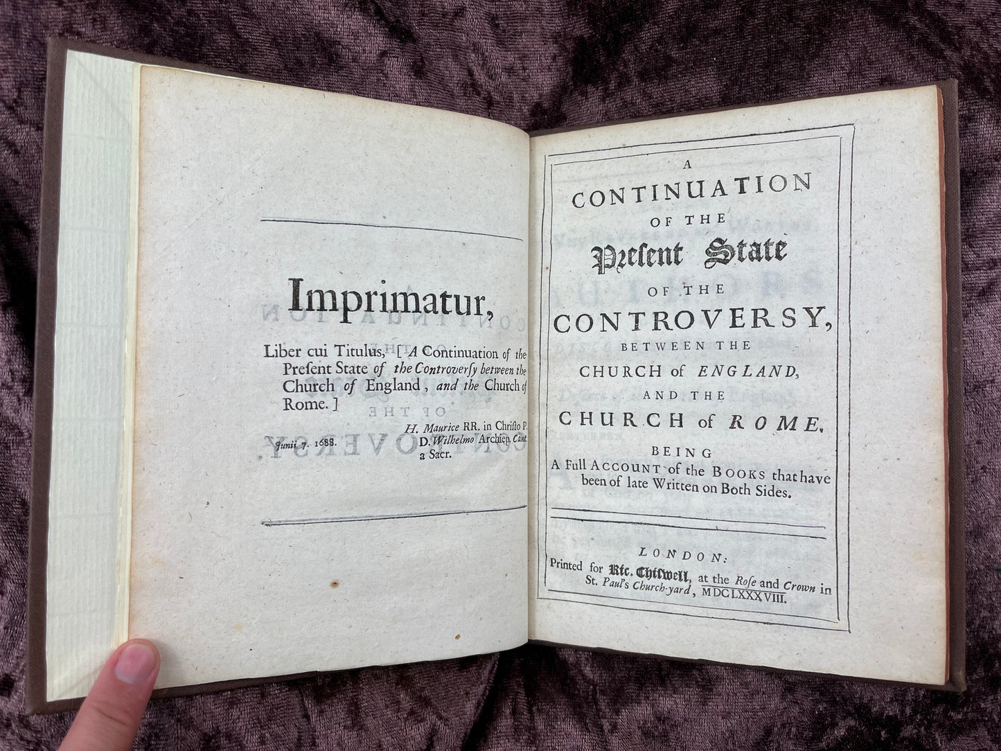 1688 Quarto First Edition Pamphlet A Continuation Of The Present State Of The Controversy Between The Church Of England And The Church Of Rome By William Wake Printed For Richard Chiswell