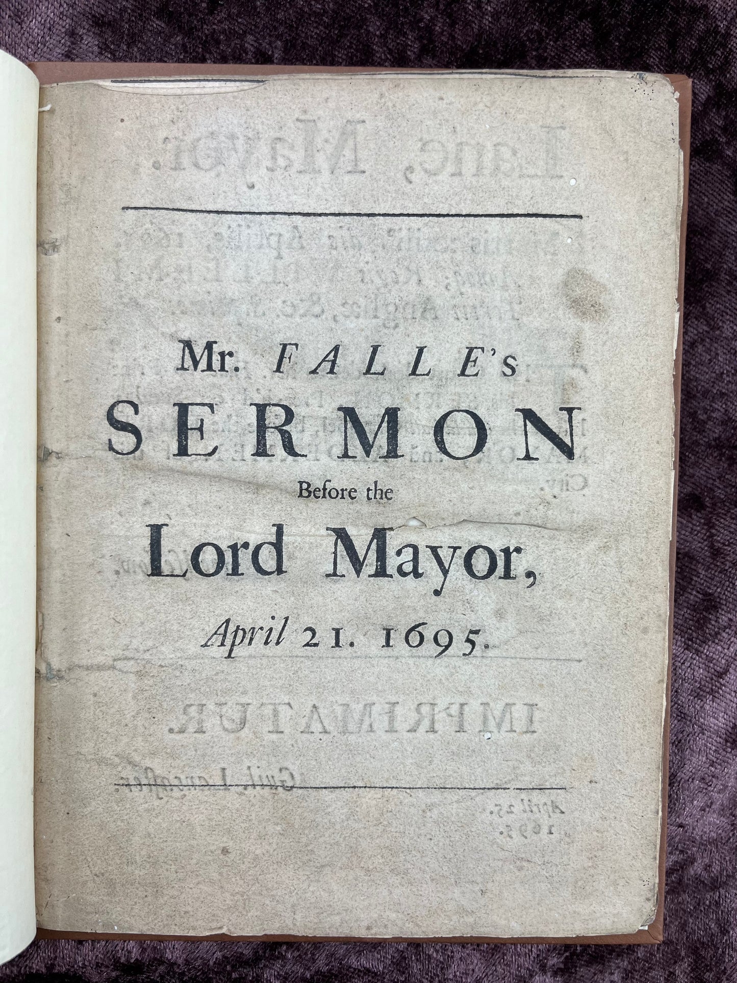 1695 Quarto Pamphlet Of The Descent Of The Paraclet By Philip Falle Before Sir Thomas Lane The Lord Mayor Of The City Of London