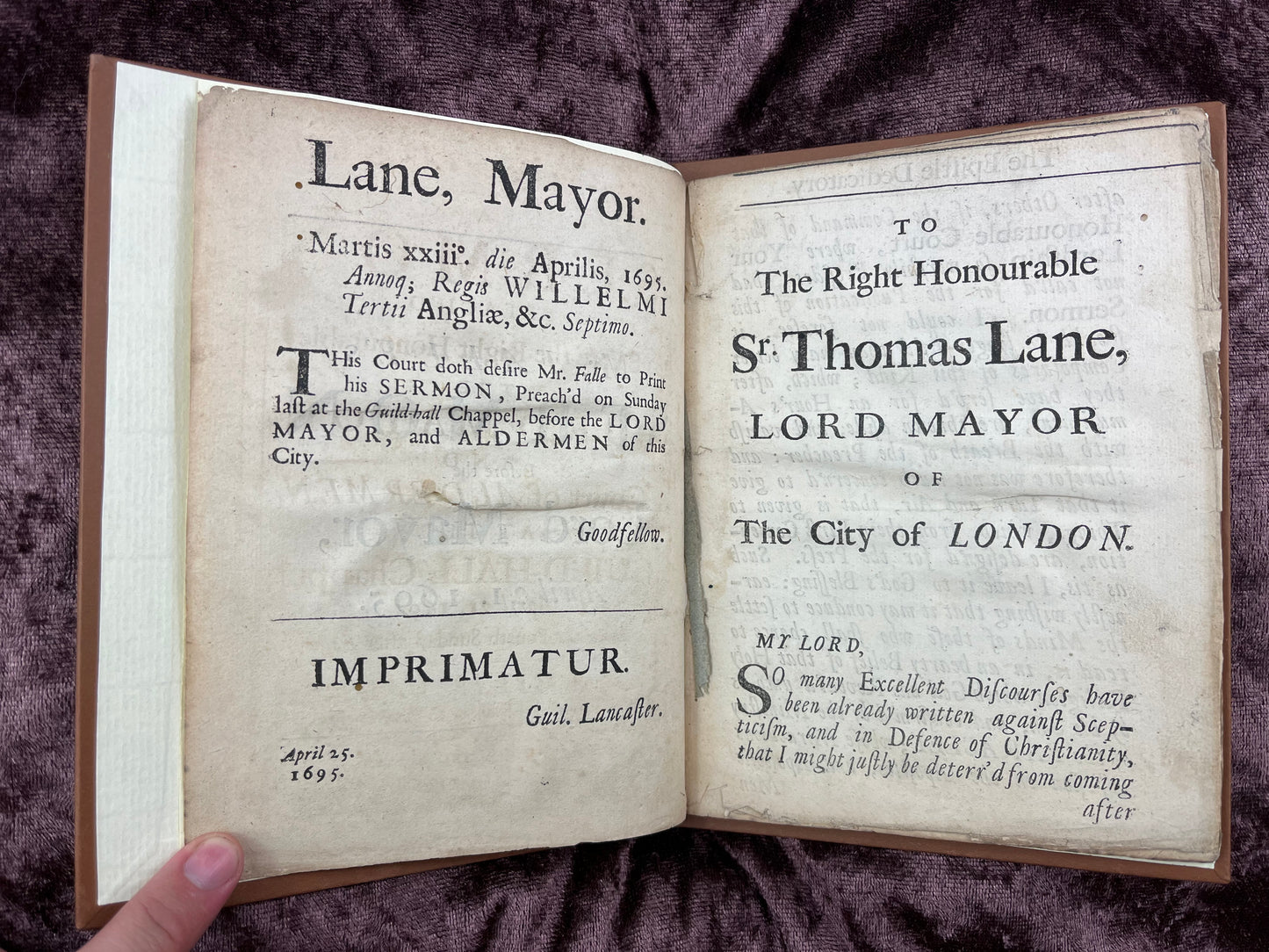 1695 Quarto Pamphlet Of The Descent Of The Paraclet By Philip Falle Before Sir Thomas Lane The Lord Mayor Of The City Of London