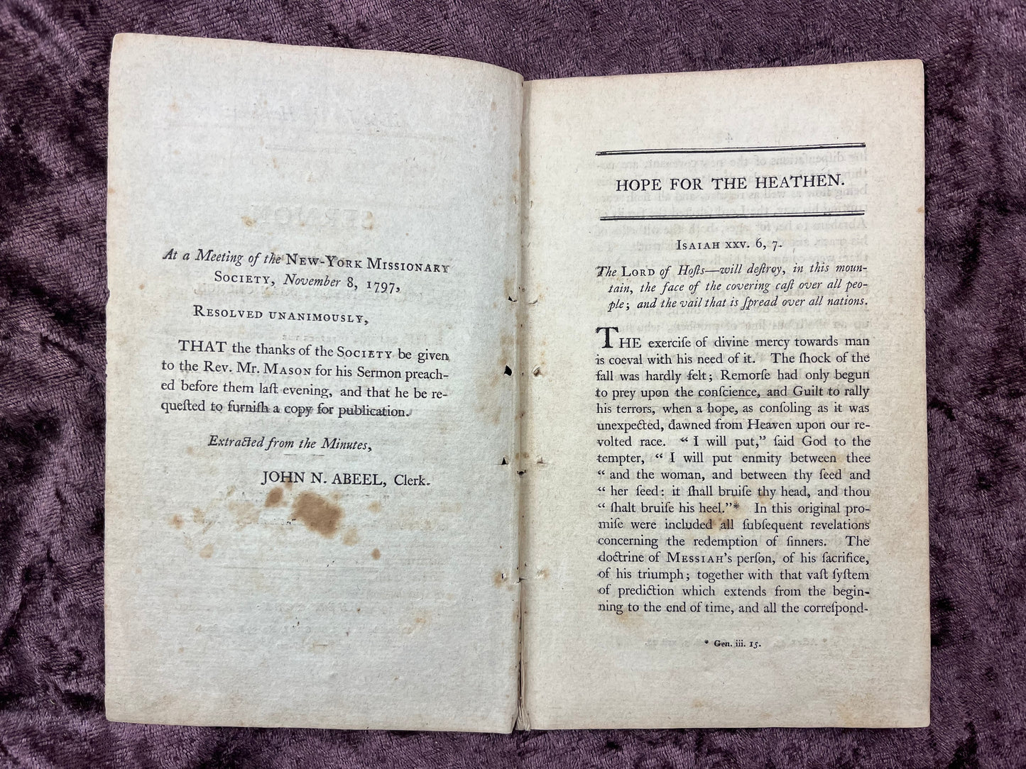 1797 Octavo First Edition Pamphlet Hope For The Heathen Sermon Preached In The Old Presbyterian Church Before The New York Missionary Society At Their Annual Meeting By John M. Mason