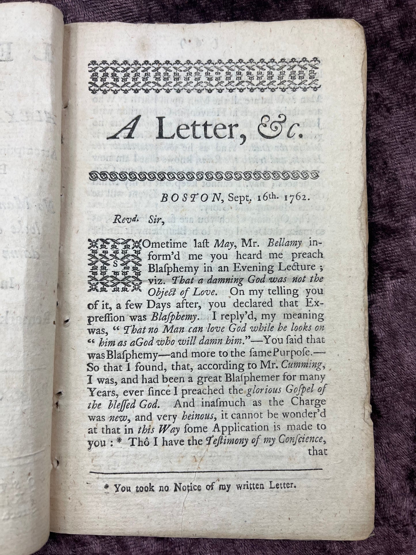 1762 Octavo Pamphlet A Letter To Rev. Alexander Cumming To Show Him It’s Not Blasphemy To Say “No Man Can Love GOD, While He Looks On Him As A God Who Will Damn Him” By Andrew Croswell