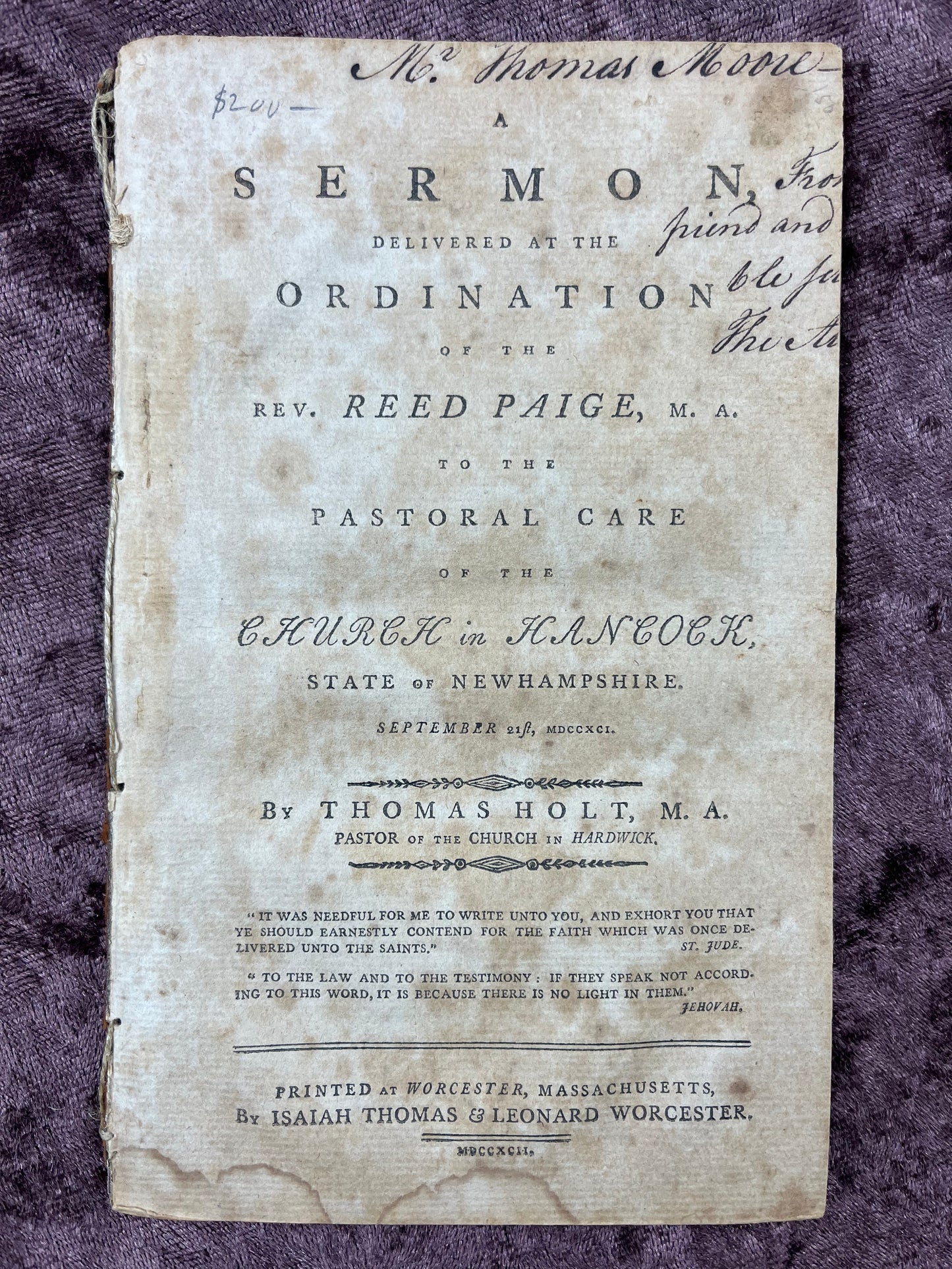 1792 Octavo Pamphlet Sermon Delivered At The Ordination Of Reed Paige By Thomas Holt-Likely Owned By Rev. Thomas Moore The First Minister Of The First Congregational Church Of Wiscasset