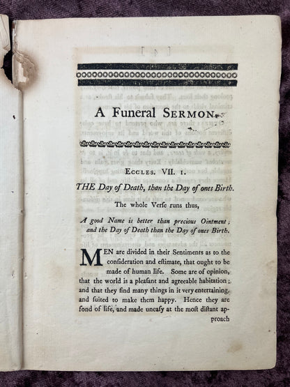 1763 Quarto First Edition Pamphlet Sermon Preached In Trinity Church At The Funeral Of Thomas Greene ESQ By William Hooper-Owned By Reverend Mr. James Greaton The First Settled Minister At St. Johns