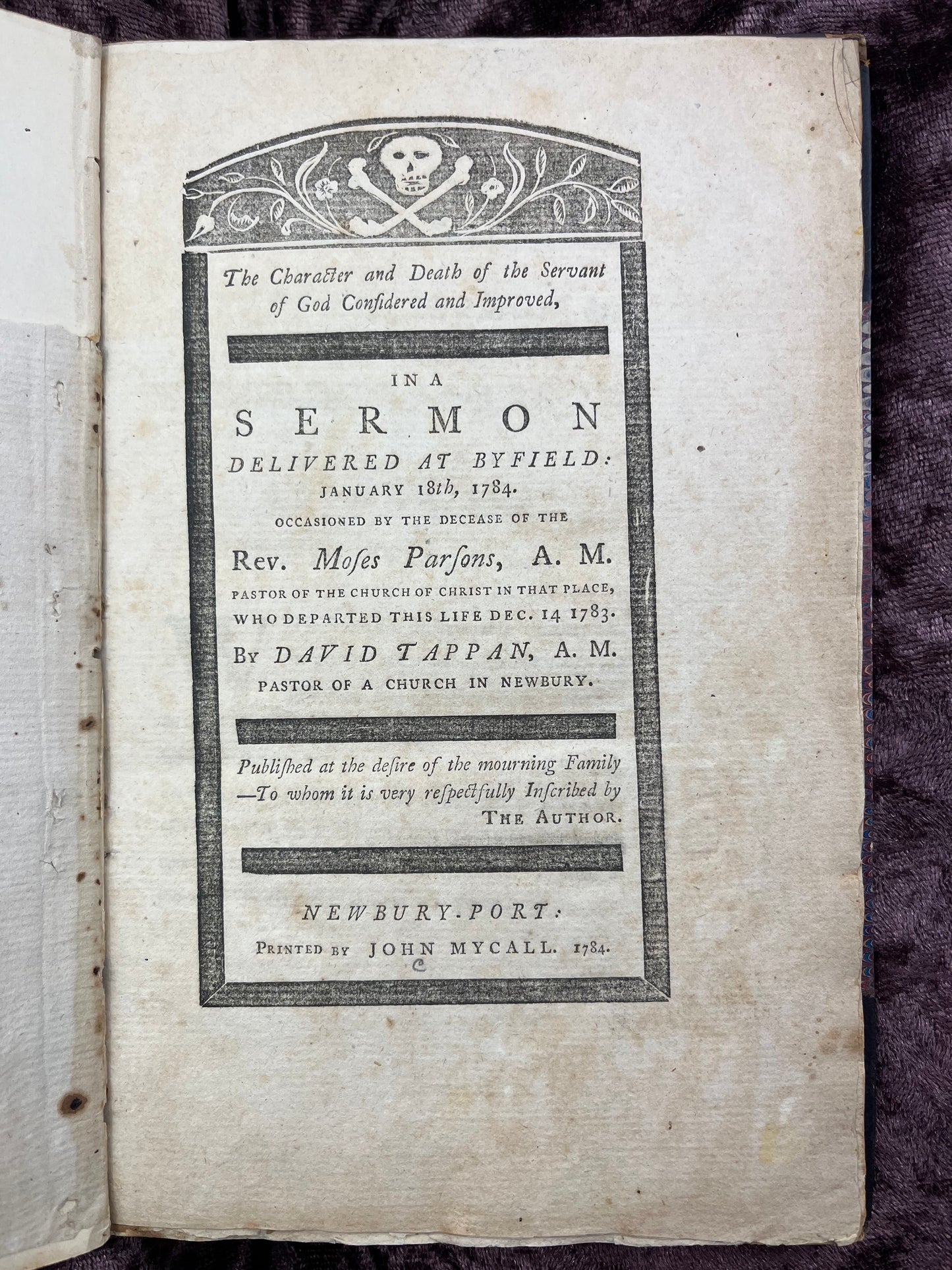 1784 Large Octavo First Edition Pamphlet Sermon On The Death Of Reverend Moses Parsons By David Tappan And An Oration By Levi Frisbie