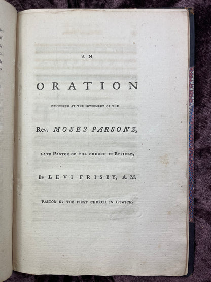 1784 Large Octavo First Edition Pamphlet Sermon On The Death Of Reverend Moses Parsons By David Tappan And An Oration By Levi Frisbie