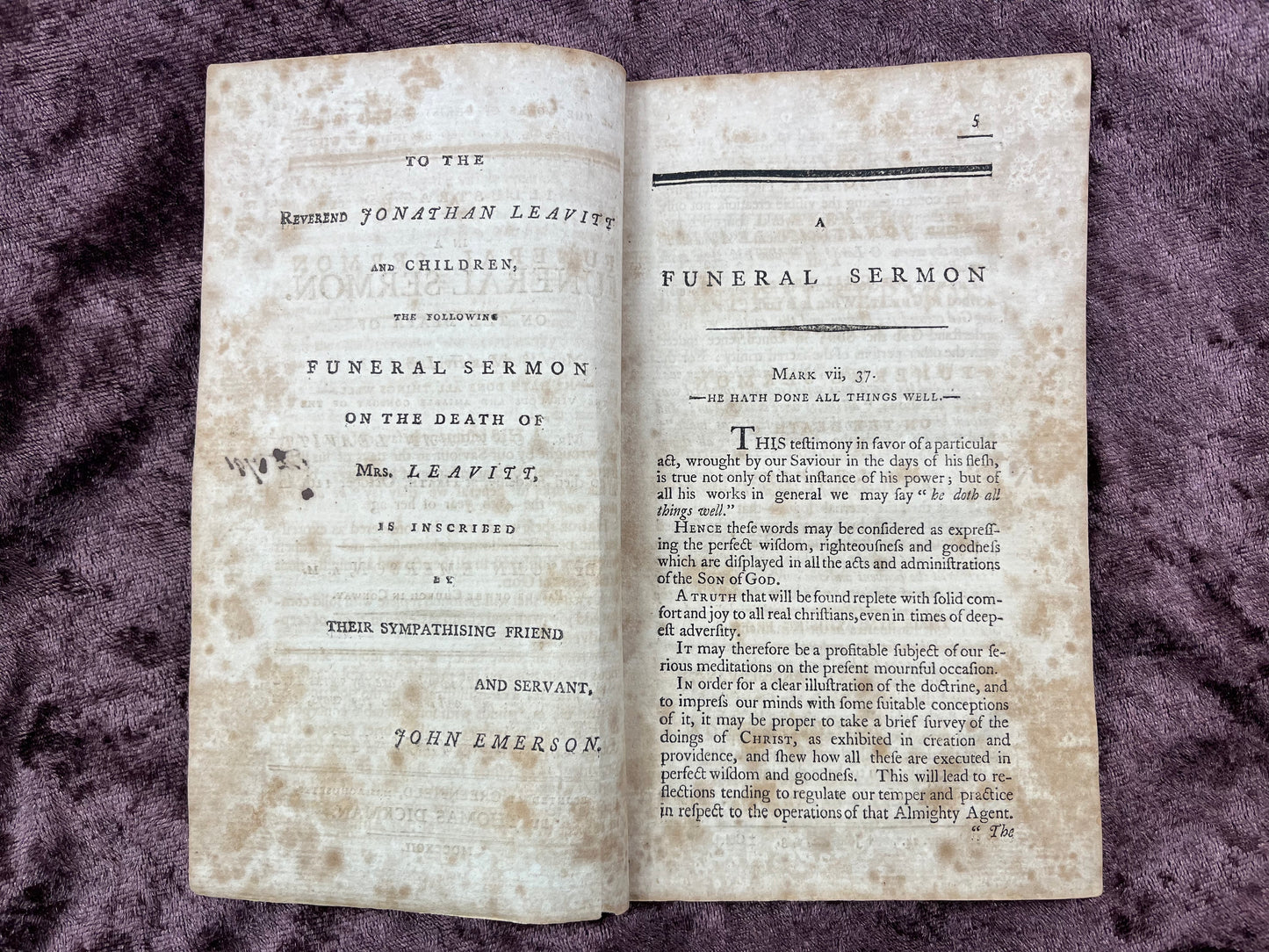 1792 Octavo Pamphlet On All The Works Of Christ In Creation And Providence Executed By Infinite Wisdom And Goodness Illustrated In A Sermon On The Death Of Mrs. Sarah Leavitt By John Emerson