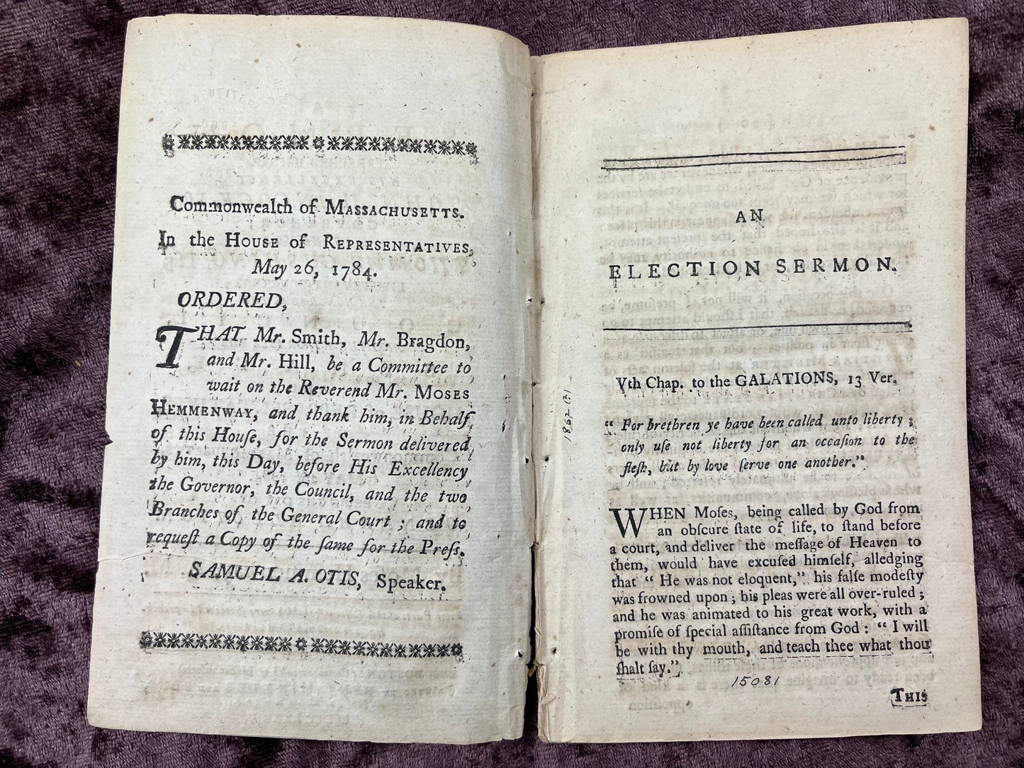 1784 Octavo First Edition Pamphlet Sermon Before Gov. John Hancock; Lt. Gov. Thomas Cushing; Honorable Council, Senate, And House Of Representatives Day Of The General Election By Moses Hemmenway