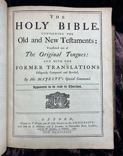 1769 Quarto First Edition King James Bible Printed In Oxford University And Edited By Dr. Benjamin Blayney-Bound With The Book Of Common Prayer And Concordance