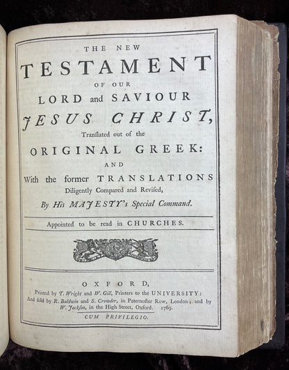 1769 Quarto First Edition King James Bible Printed In Oxford University And Edited By Dr. Benjamin Blayney-Bound With The Book Of Common Prayer And Concordance